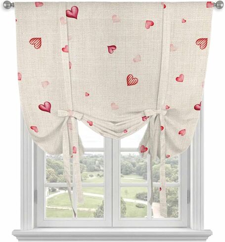 Valentine's Day Tie Up Curtains for Window, Red Love Heart Romantic Beige Burlap Thermal Insulated Balloon Shade Adjustable Rod Pocket Curtains Valance Panels for Kitchen Bathroom Café 52'' x 63'' in Saudi Arabia