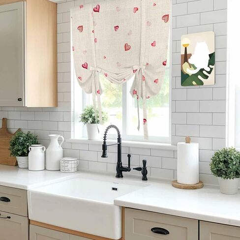 Valentine's Day Tie Up Curtains for Window, Red Love Heart Romantic Beige Burlap Thermal Insulated Balloon Shade Adjustable Rod Pocket Curtains Valance Panels for Kitchen Bathroom Café 52'' x 63'' in Saudi Arabia