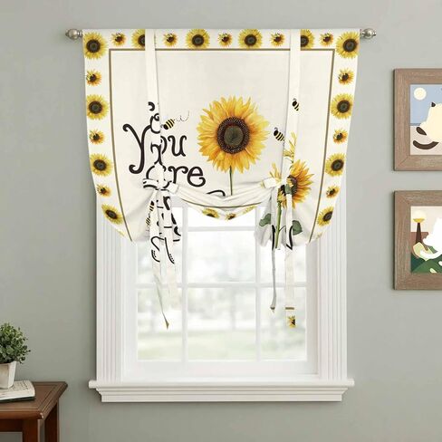 Sunflowers Tie Up Curtains for Window, Modern Bee You Are My Sunshine Beige Thermal Insulated Balloon Shade Adjustable Rod Pocket Curtains Valance Panels for Kitchen Bathroom Café 42'' x 45'' in Saudi Arabia