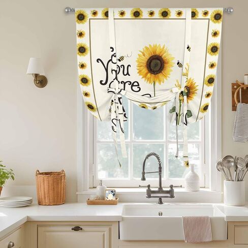 Sunflowers Tie Up Curtains for Window, Modern Bee You Are My Sunshine Beige Thermal Insulated Balloon Shade Adjustable Rod Pocket Curtains Valance Panels for Kitchen Bathroom Café 42'' x 45'' in Saudi Arabia