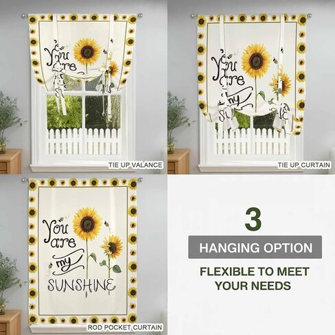 Sunflowers Tie Up Curtains for Window, Modern Bee You Are My Sunshine Beige Thermal Insulated Balloon Shade Adjustable Rod Pocket Curtains Valance Panels for Kitchen Bathroom Café 42'' x 45'' in Saudi Arabia