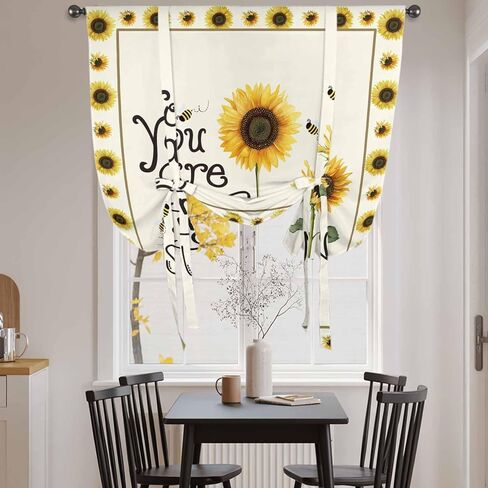 Sunflowers Tie Up Curtains for Window, Modern Bee You Are My Sunshine Beige Thermal Insulated Balloon Shade Adjustable Rod Pocket Curtains Valance Panels for Kitchen Bathroom Café 42'' x 45'' in Saudi Arabia