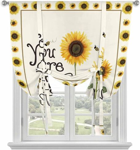 Sunflowers Tie Up Curtains for Window, Modern Bee You Are My Sunshine Beige Thermal Insulated Balloon Shade Adjustable Rod Pocket Curtains Valance Panels for Kitchen Bathroom Café 42'' x 45'' in Saudi Arabia