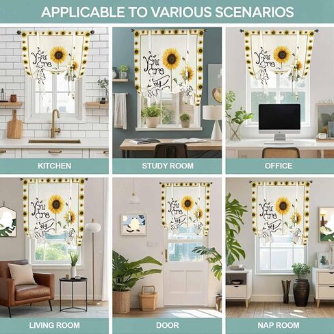 Sunflowers Tie Up Curtains for Window, Modern Bee You Are My Sunshine Beige Thermal Insulated Balloon Shade Adjustable Rod Pocket Curtains Valance Panels for Kitchen Bathroom Café 42'' x 45'' in Saudi Arabia