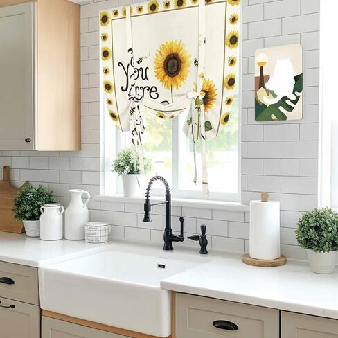 Sunflowers Tie Up Curtains for Window, Modern Bee You Are My Sunshine Beige Thermal Insulated Balloon Shade Adjustable Rod Pocket Curtains Valance Panels for Kitchen Bathroom Café 42'' x 45'' in Saudi Arabia