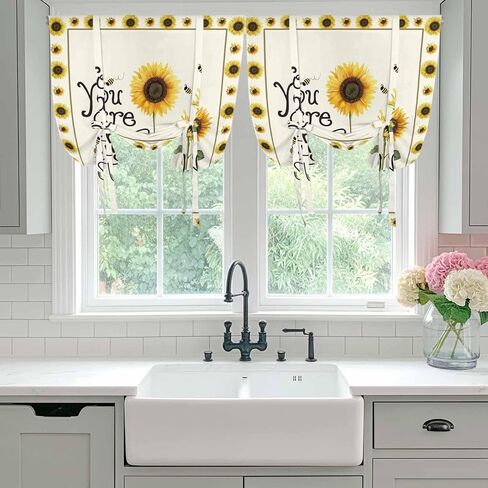 Sunflowers Tie Up Curtains for Window, Modern Bee You Are My Sunshine Beige Thermal Insulated Balloon Shade Adjustable Rod Pocket Curtains Valance Panels for Kitchen Bathroom Café 42'' x 45'' in Saudi Arabia