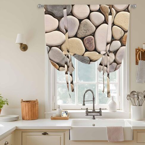 Cobblestones Tie Up Curtains for Window, Natural Stones Gravel Rock Aesthetic Art Thermal Insulated Balloon Shade Adjustable Rod Pocket Curtains Valance Panels for Kitchen Bathroom Café 42'' x 54'' in Saudi Arabia