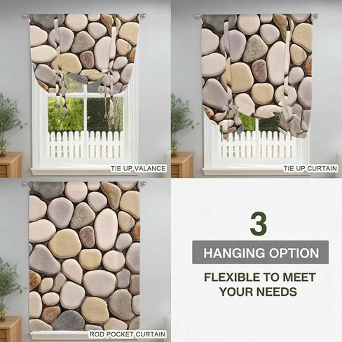 Cobblestones Tie Up Curtains for Window, Natural Stones Gravel Rock Aesthetic Art Thermal Insulated Balloon Shade Adjustable Rod Pocket Curtains Valance Panels for Kitchen Bathroom Café 42'' x 54'' in Saudi Arabia