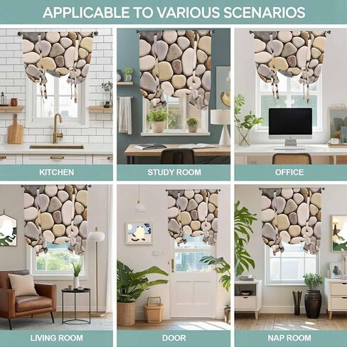 Cobblestones Tie Up Curtains for Window, Natural Stones Gravel Rock Aesthetic Art Thermal Insulated Balloon Shade Adjustable Rod Pocket Curtains Valance Panels for Kitchen Bathroom Café 42'' x 54'' in Saudi Arabia