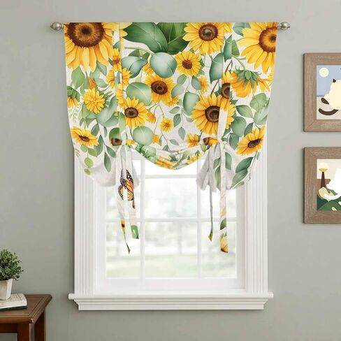 Spring Sunflowers Tie Up Curtains for Window, Eucalyptus Leaves Flowers Butterfly Beige Thermal Balloon Shade Adjustable Rod Pocket Curtains Valance Panels for Kitchen Bathroom Café 46'' x 63'' in Saudi Arabia