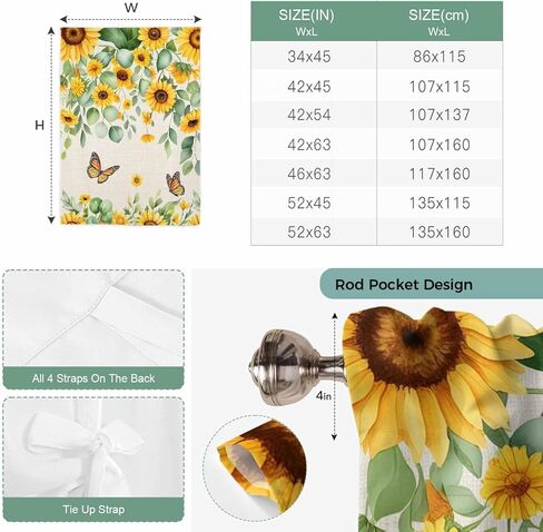 Spring Sunflowers Tie Up Curtains for Window, Eucalyptus Leaves Flowers Butterfly Beige Thermal Balloon Shade Adjustable Rod Pocket Curtains Valance Panels for Kitchen Bathroom Café 46'' x 63'' in Saudi Arabia