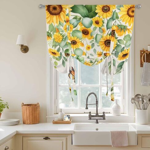 Spring Sunflowers Tie Up Curtains for Window, Eucalyptus Leaves Flowers Butterfly Beige Thermal Balloon Shade Adjustable Rod Pocket Curtains Valance Panels for Kitchen Bathroom Café 46'' x 63'' in Saudi Arabia