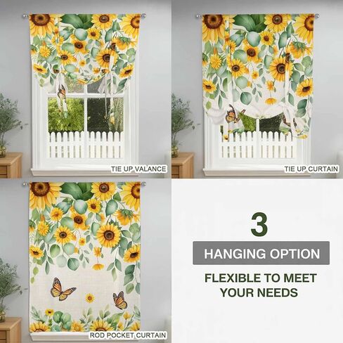 Spring Sunflowers Tie Up Curtains for Window, Eucalyptus Leaves Flowers Butterfly Beige Thermal Balloon Shade Adjustable Rod Pocket Curtains Valance Panels for Kitchen Bathroom Café 46'' x 63'' in Saudi Arabia