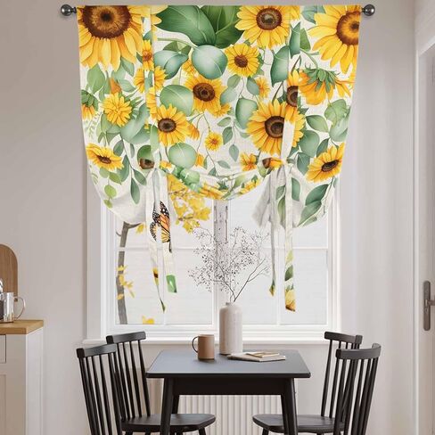 Spring Sunflowers Tie Up Curtains for Window, Eucalyptus Leaves Flowers Butterfly Beige Thermal Balloon Shade Adjustable Rod Pocket Curtains Valance Panels for Kitchen Bathroom Café 46'' x 63'' in Saudi Arabia