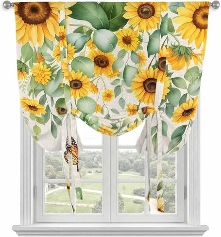 Spring Sunflowers Tie Up Curtains for Window, Eucalyptus Leaves Flowers Butterfly Beige Thermal Balloon Shade Adjustable Rod Pocket Curtains Valance Panels for Kitchen Bathroom Café 46'' x 63'' in Saudi Arabia