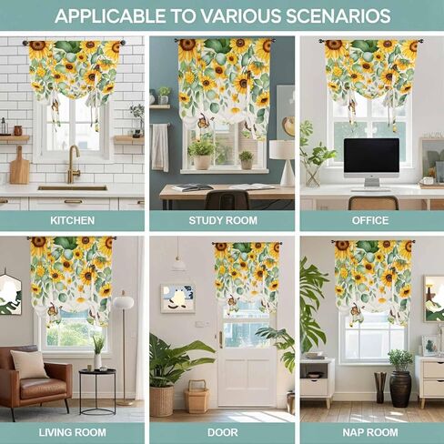 Spring Sunflowers Tie Up Curtains for Window, Eucalyptus Leaves Flowers Butterfly Beige Thermal Balloon Shade Adjustable Rod Pocket Curtains Valance Panels for Kitchen Bathroom Café 46'' x 63'' in Saudi Arabia
