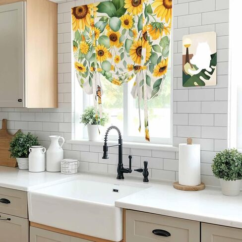Spring Sunflowers Tie Up Curtains for Window, Eucalyptus Leaves Flowers Butterfly Beige Thermal Balloon Shade Adjustable Rod Pocket Curtains Valance Panels for Kitchen Bathroom Café 46'' x 63'' in Saudi Arabia