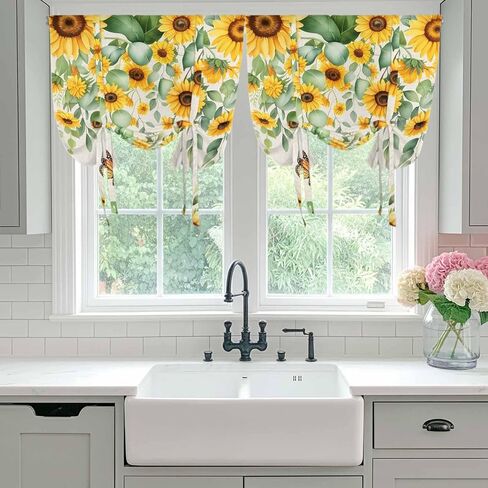 Spring Sunflowers Tie Up Curtains for Window, Eucalyptus Leaves Flowers Butterfly Beige Thermal Balloon Shade Adjustable Rod Pocket Curtains Valance Panels for Kitchen Bathroom Café 46'' x 63'' in Saudi Arabia