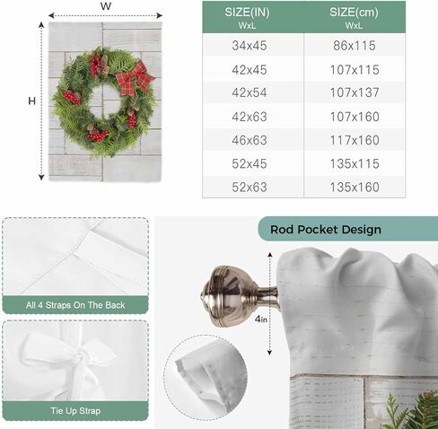 Christmas Tie Up Curtains for Window, Winter Xmas Pine Cones Needles Bow Wooden Grain Thermal Balloon Shade Adjustable Rod Pocket Curtains Valance Panels for Kitchen Bathroom Café 34'' x 45'' in Kuwait