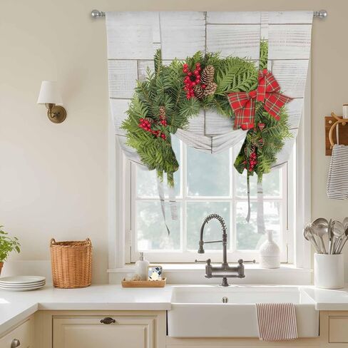 Christmas Tie Up Curtains for Window, Winter Xmas Pine Cones Needles Bow Wooden Grain Thermal Balloon Shade Adjustable Rod Pocket Curtains Valance Panels for Kitchen Bathroom Café 34'' x 45'' in Kuwait