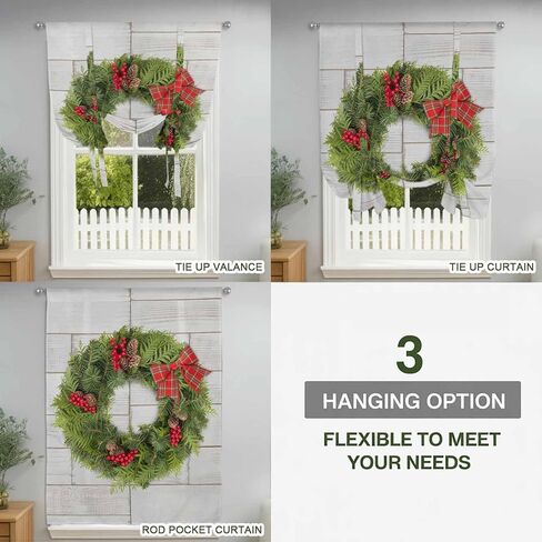 Christmas Tie Up Curtains for Window, Winter Xmas Pine Cones Needles Bow Wooden Grain Thermal Balloon Shade Adjustable Rod Pocket Curtains Valance Panels for Kitchen Bathroom Café 34'' x 45'' in Kuwait