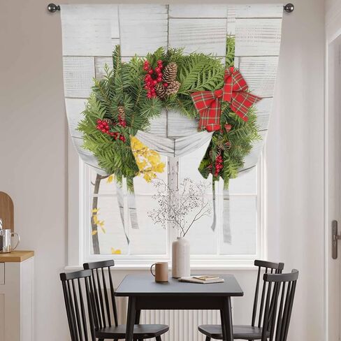 Christmas Tie Up Curtains for Window, Winter Xmas Pine Cones Needles Bow Wooden Grain Thermal Balloon Shade Adjustable Rod Pocket Curtains Valance Panels for Kitchen Bathroom Café 34'' x 45'' in Kuwait