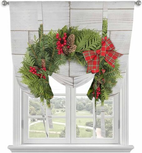 Christmas Tie Up Curtains for Window, Winter Xmas Pine Cones Needles Bow Wooden Grain Thermal Balloon Shade Adjustable Rod Pocket Curtains Valance Panels for Kitchen Bathroom Café 34'' x 45'' in Kuwait