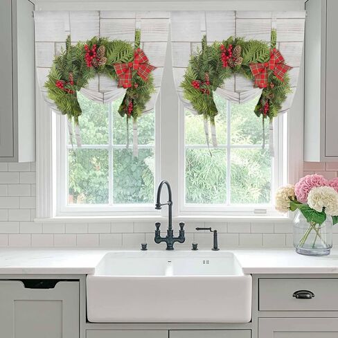 Christmas Tie Up Curtains for Window, Winter Xmas Pine Cones Needles Bow Wooden Grain Thermal Balloon Shade Adjustable Rod Pocket Curtains Valance Panels for Kitchen Bathroom Café 34'' x 45'' in Kuwait