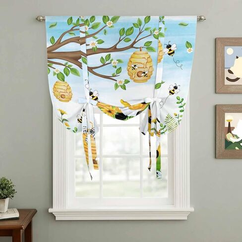 Yellow Daisy Gnomes Tie Up Curtains for Window, Pastoral Bees Floral Botanical Blue Thermal Insulated Balloon Shade Adjustable Rod Pocket Curtains Valance Panels for Kitchen Bathroom Café 46'' x 63'' in Saudi Arabia