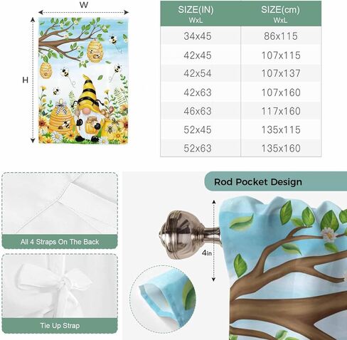 Yellow Daisy Gnomes Tie Up Curtains for Window, Pastoral Bees Floral Botanical Blue Thermal Insulated Balloon Shade Adjustable Rod Pocket Curtains Valance Panels for Kitchen Bathroom Café 46'' x 63'' in Saudi Arabia