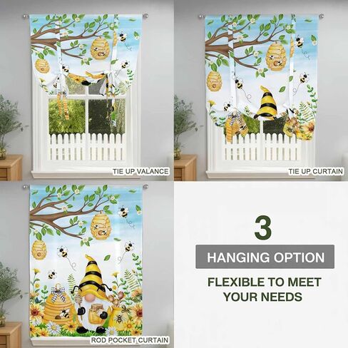 Yellow Daisy Gnomes Tie Up Curtains for Window, Pastoral Bees Floral Botanical Blue Thermal Insulated Balloon Shade Adjustable Rod Pocket Curtains Valance Panels for Kitchen Bathroom Café 46'' x 63'' in Saudi Arabia
