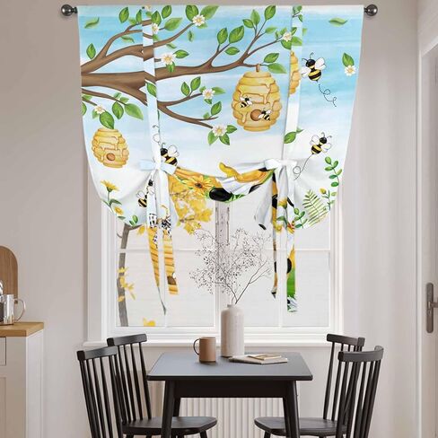 Yellow Daisy Gnomes Tie Up Curtains for Window, Pastoral Bees Floral Botanical Blue Thermal Insulated Balloon Shade Adjustable Rod Pocket Curtains Valance Panels for Kitchen Bathroom Café 46'' x 63'' in Saudi Arabia