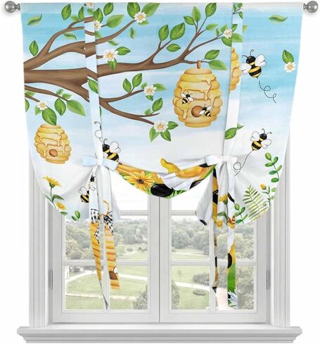 Yellow Daisy Gnomes Tie Up Curtains for Window, Pastoral Bees Floral Botanical Blue Thermal Insulated Balloon Shade Adjustable Rod Pocket Curtains Valance Panels for Kitchen Bathroom Café 46'' x 63'' in Saudi Arabia