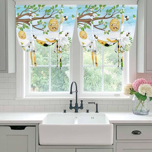Yellow Daisy Gnomes Tie Up Curtains for Window, Pastoral Bees Floral Botanical Blue Thermal Insulated Balloon Shade Adjustable Rod Pocket Curtains Valance Panels for Kitchen Bathroom Café 46'' x 63'' in Saudi Arabia