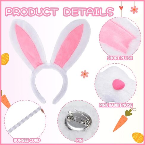 4PCS Easter Bunny Costume Set Rabbit Ears Headband Bowtie Nose Mask Plush Round Tail Cosplay Accessories Party Supplies in Kuwait