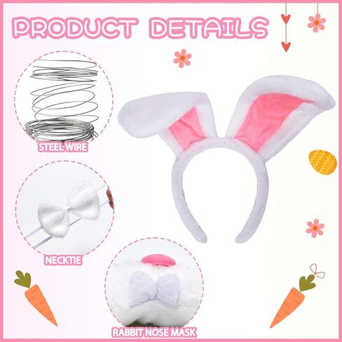 4PCS Easter Bunny Costume Set Rabbit Ears Headband Bowtie Nose Mask Plush Round Tail Cosplay Accessories Party Supplies in Kuwait