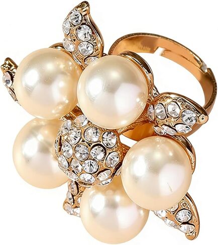 Crystal Pearls Flower Statement Rings for Women Teen Girls,Sparkly Cubic Zirconia Floral Pearl Cluster Finger Rings Trendy Jewelry Accessories Gift in Saudi Arabia