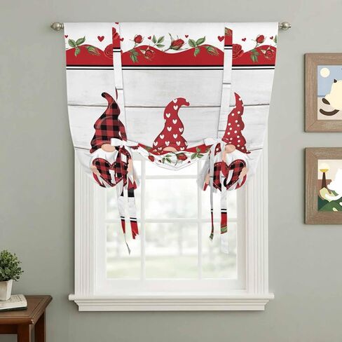 Valentine's Day Tie Up Curtains for Window, Vintage Love Heart Romantic Roses Gnomes Thermal Insulated Balloon Shade Adjustable Rod Pocket Curtains Valance Panels for Kitchen Bathroom Café 46'' x 63'' in Saudi Arabia