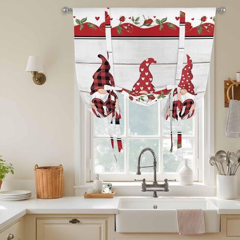 Valentine's Day Tie Up Curtains for Window, Vintage Love Heart Romantic Roses Gnomes Thermal Insulated Balloon Shade Adjustable Rod Pocket Curtains Valance Panels for Kitchen Bathroom Café 46'' x 63'' in Saudi Arabia