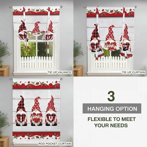 Valentine's Day Tie Up Curtains for Window, Vintage Love Heart Romantic Roses Gnomes Thermal Insulated Balloon Shade Adjustable Rod Pocket Curtains Valance Panels for Kitchen Bathroom Café 46'' x 63'' in Saudi Arabia