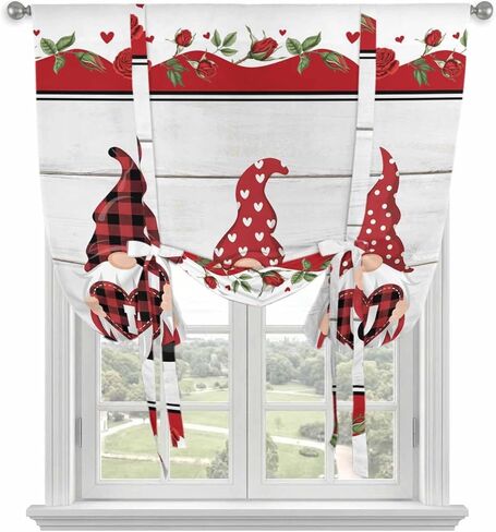 Valentine's Day Tie Up Curtains for Window, Vintage Love Heart Romantic Roses Gnomes Thermal Insulated Balloon Shade Adjustable Rod Pocket Curtains Valance Panels for Kitchen Bathroom Café 46'' x 63'' in Saudi Arabia