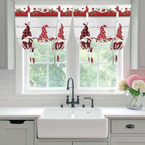 Valentine's Day Tie Up Curtains for Window, Vintage Love Heart Romantic Roses Gnomes Thermal Insulated Balloon Shade Adjustable Rod Pocket Curtains Valance Panels for Kitchen Bathroom Café 46'' x 63'' in Saudi Arabia
