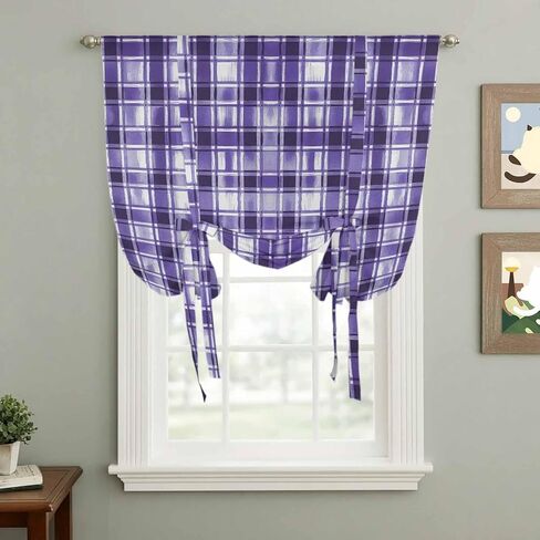 Purple Plaid Tie Up Curtains for Window, Modern Art Checkered Farmhouse Thermal Insulated Balloon Shade Adjustable Rod Pocket Curtains Valance Panels for Kitchen Bathroom Café 46'' x 63'' in Saudi Arabia