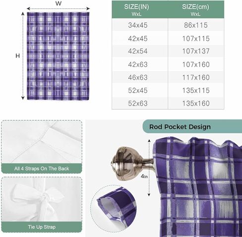 Purple Plaid Tie Up Curtains for Window, Modern Art Checkered Farmhouse Thermal Insulated Balloon Shade Adjustable Rod Pocket Curtains Valance Panels for Kitchen Bathroom Café 46'' x 63'' in Saudi Arabia