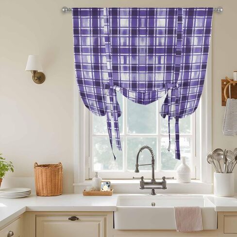 Purple Plaid Tie Up Curtains for Window, Modern Art Checkered Farmhouse Thermal Insulated Balloon Shade Adjustable Rod Pocket Curtains Valance Panels for Kitchen Bathroom Café 46'' x 63'' in Saudi Arabia
