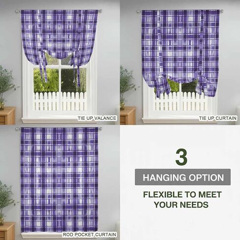 Purple Plaid Tie Up Curtains for Window, Modern Art Checkered Farmhouse Thermal Insulated Balloon Shade Adjustable Rod Pocket Curtains Valance Panels for Kitchen Bathroom Café 46'' x 63'' in Saudi Arabia