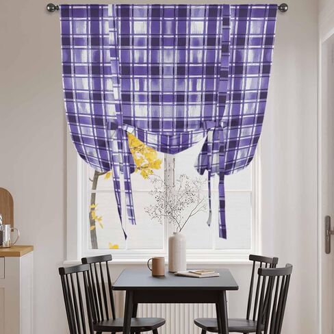 Purple Plaid Tie Up Curtains for Window, Modern Art Checkered Farmhouse Thermal Insulated Balloon Shade Adjustable Rod Pocket Curtains Valance Panels for Kitchen Bathroom Café 46'' x 63'' in Saudi Arabia