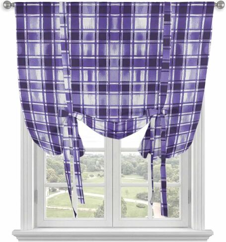 Purple Plaid Tie Up Curtains for Window, Modern Art Checkered Farmhouse Thermal Insulated Balloon Shade Adjustable Rod Pocket Curtains Valance Panels for Kitchen Bathroom Café 46'' x 63'' in Saudi Arabia