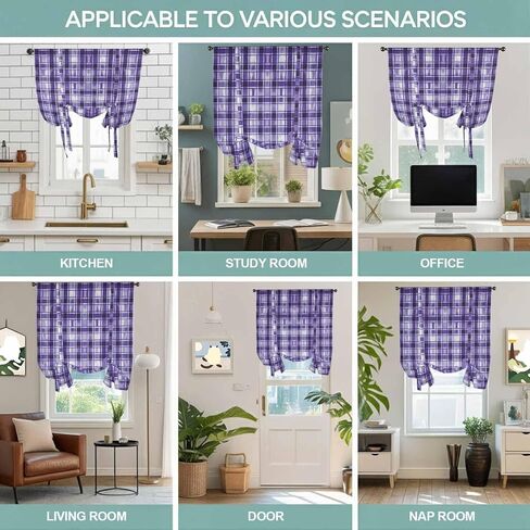 Purple Plaid Tie Up Curtains for Window, Modern Art Checkered Farmhouse Thermal Insulated Balloon Shade Adjustable Rod Pocket Curtains Valance Panels for Kitchen Bathroom Café 46'' x 63'' in Saudi Arabia