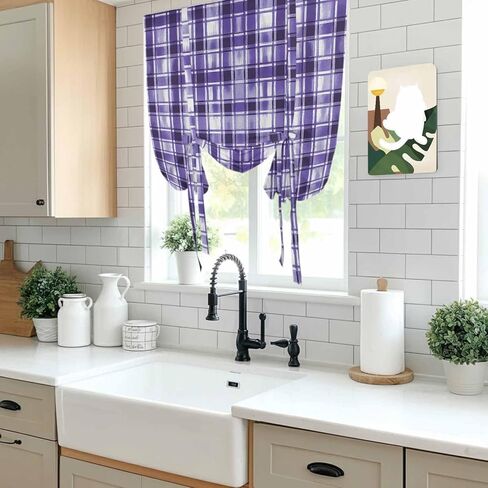 Purple Plaid Tie Up Curtains for Window, Modern Art Checkered Farmhouse Thermal Insulated Balloon Shade Adjustable Rod Pocket Curtains Valance Panels for Kitchen Bathroom Café 46'' x 63'' in Saudi Arabia